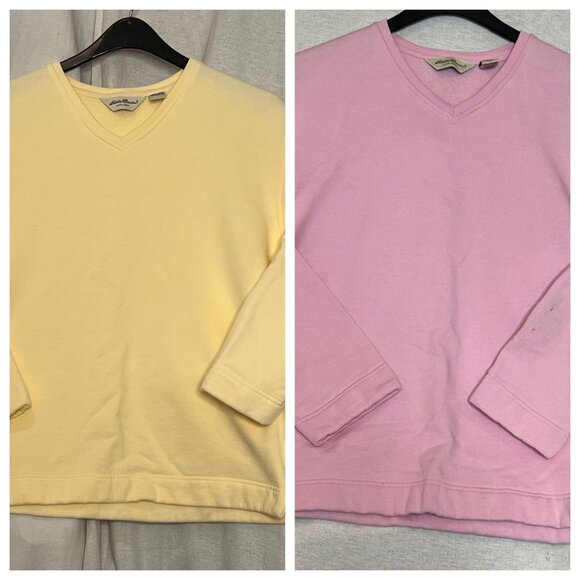 Eddie Bauer Womens V-Neck Pullover Sweater Bundle Medium Pink Yellow Cotton flaw - Picture 1 of 16
